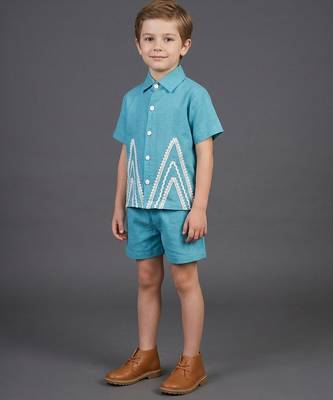 Blue off white embroidered cotton slub co ord set 1