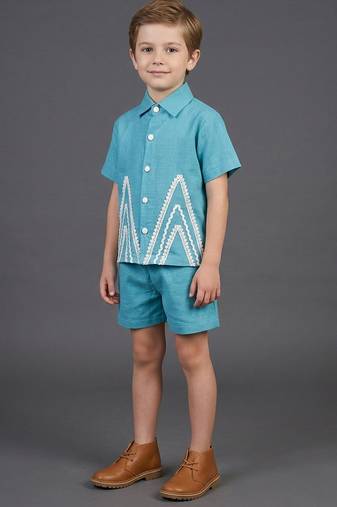 Blue off white embroidered cotton slub co ord set