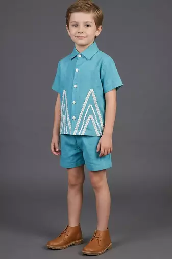 Blue off white embroidered cotton slub co ord set