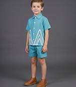 Blue off white embroidered cotton slub co ord set