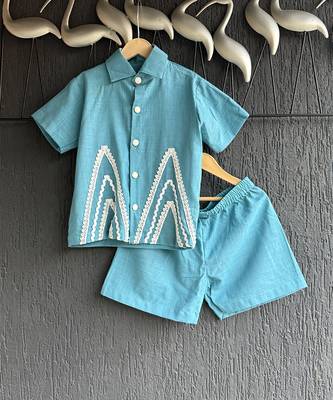 Blue off white embroidered cotton slub co ord set 2
