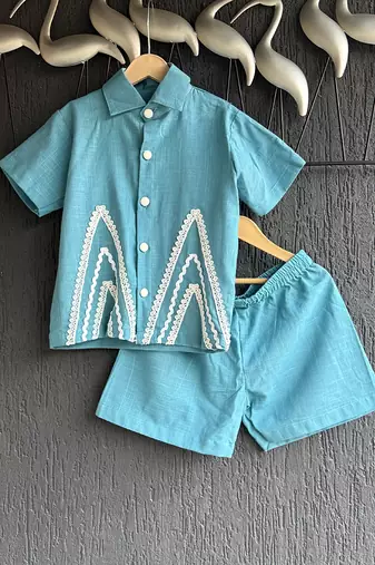 Blue off white embroidered cotton slub co ord set