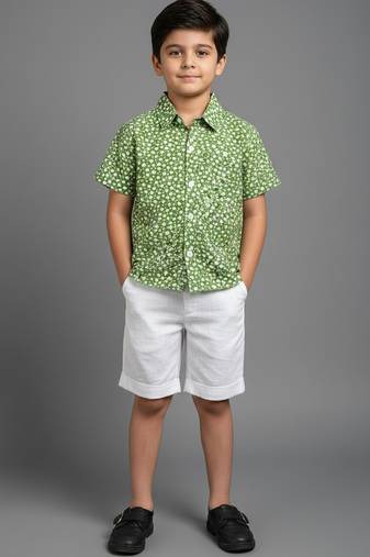 Green Off white printed cotton slub co ord set