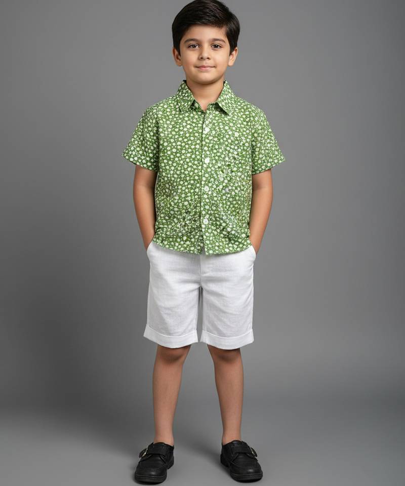 Green Off white printed cotton slub co ord set