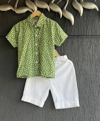 Green Off white printed cotton slub co ord set 3