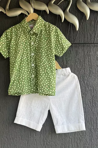 Green Off white printed cotton slub co ord set