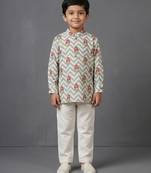 Grey off white printed cotton silk kurta set