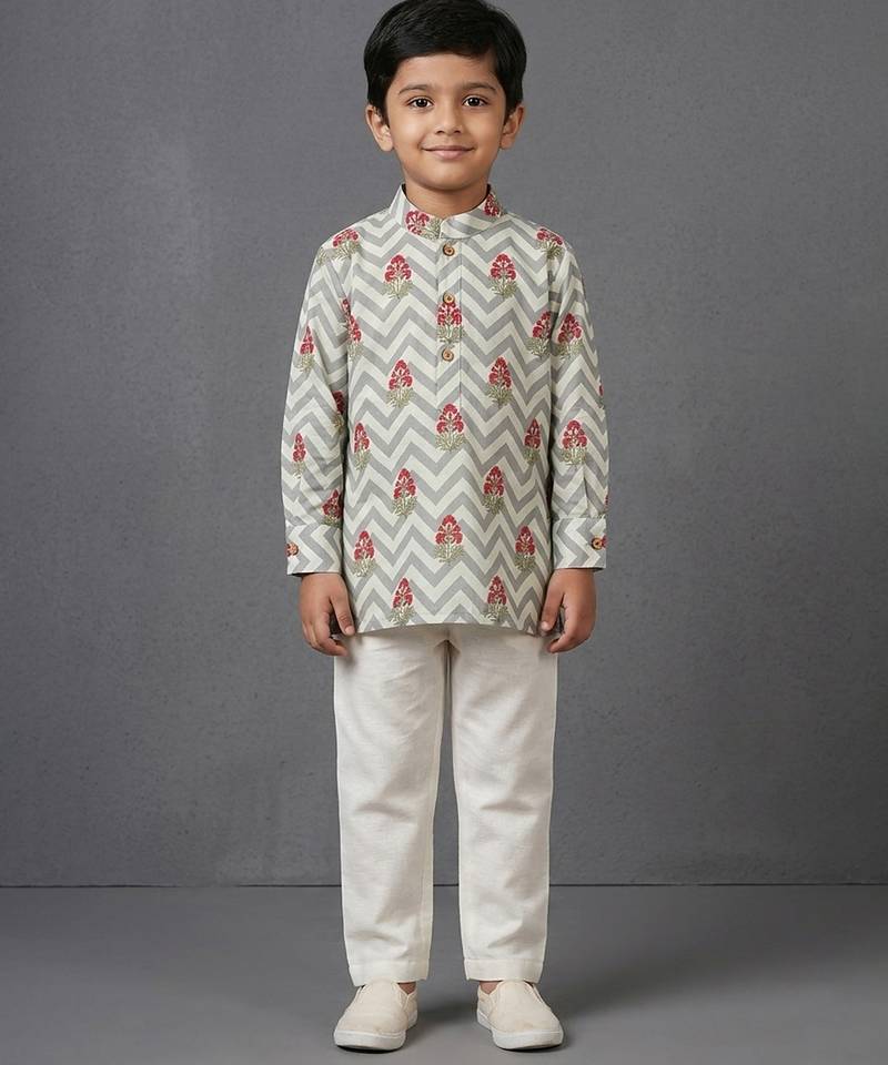 Grey off white printed cotton silk kurta set