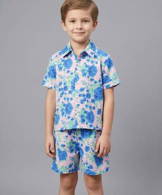 Blue off white printed cotton slub co ord set 1