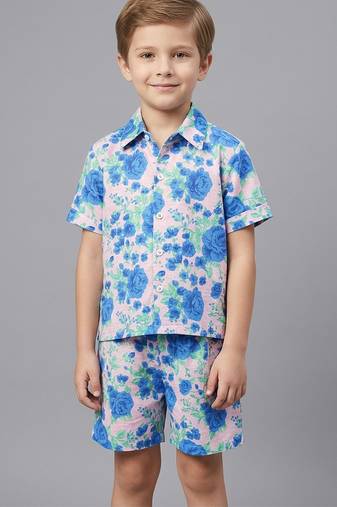 Blue off white printed cotton slub co ord set