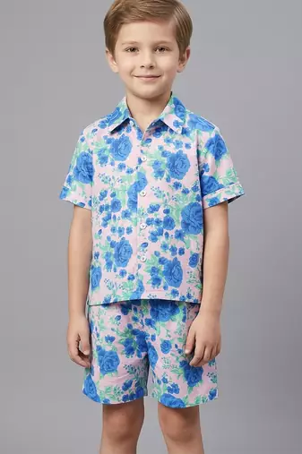 Blue off white printed cotton slub co ord set