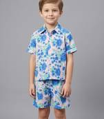 Blue off white printed cotton slub co ord set