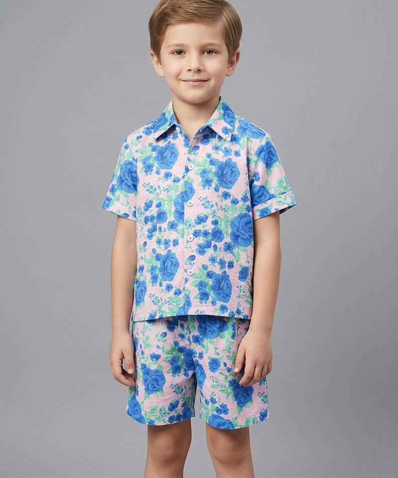 Blue off white printed cotton slub co ord set