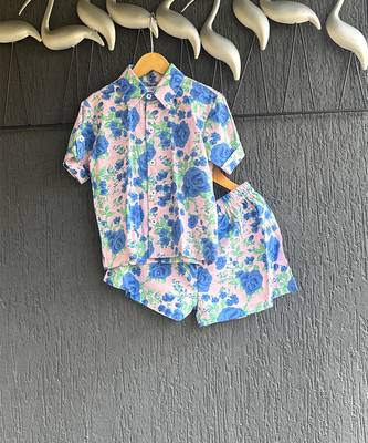 Blue off white printed cotton slub co ord set 2