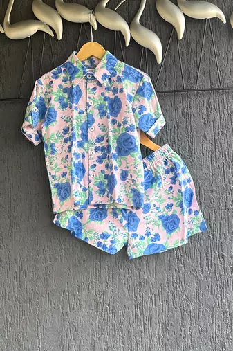Blue off white printed cotton slub co ord set