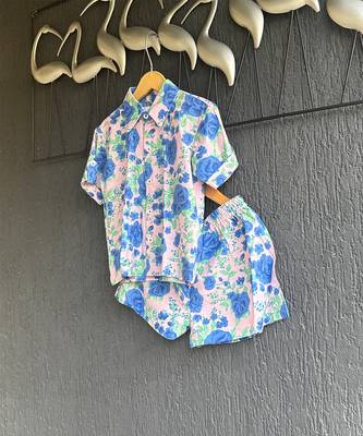 Blue off white printed cotton slub co ord set 3