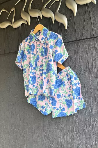 Blue off white printed cotton slub co ord set