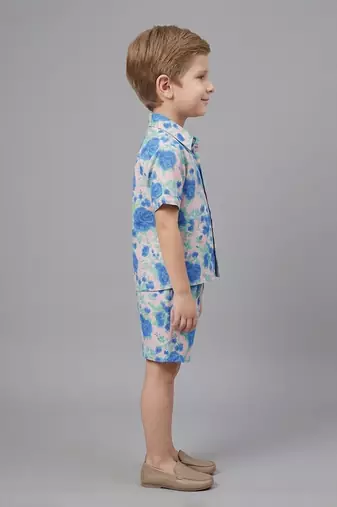 Blue off white printed cotton slub co ord set