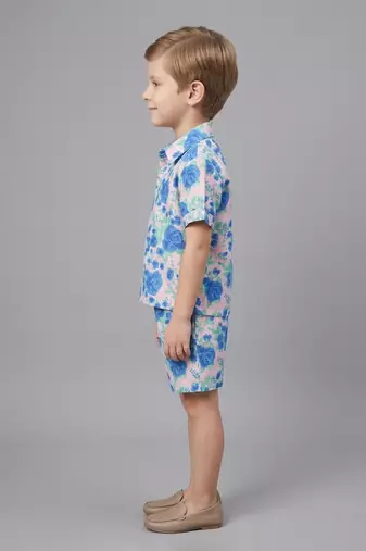 Blue off white printed cotton slub co ord set