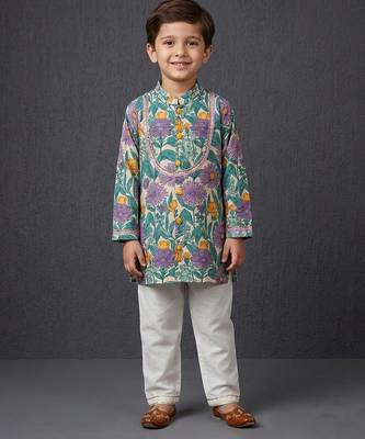 Purple printed cotton silk kurta set 1