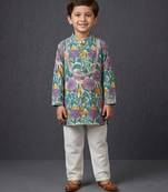 Purple printed cotton silk kurta set