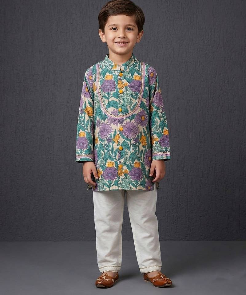 Purple printed cotton silk kurta set