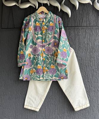Purple printed cotton silk kurta set 2