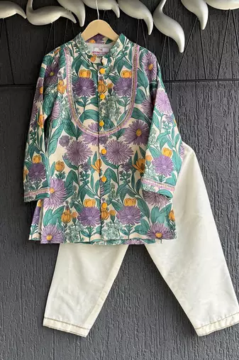 Purple printed cotton silk kurta set
