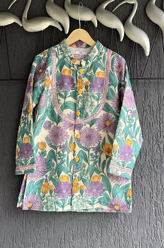 Purple printed cotton silk kurta set
