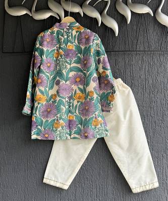 Purple printed cotton silk kurta set 4