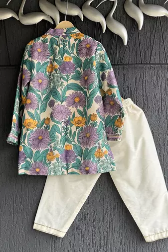 Purple printed cotton silk kurta set