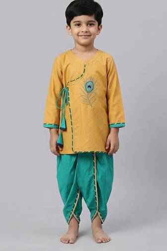 Beige green embroidered cotton silk angrakha set