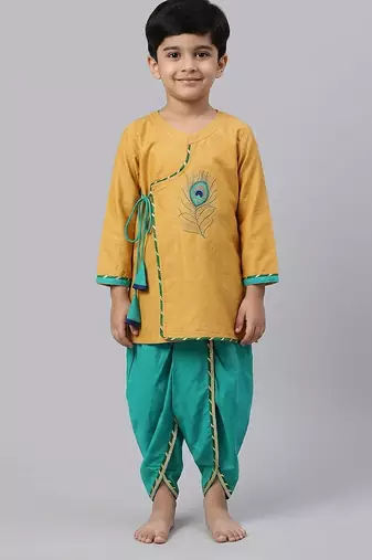 Beige green embroidered cotton silk angrakha set