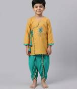 Beige green embroidered cotton silk angrakha set