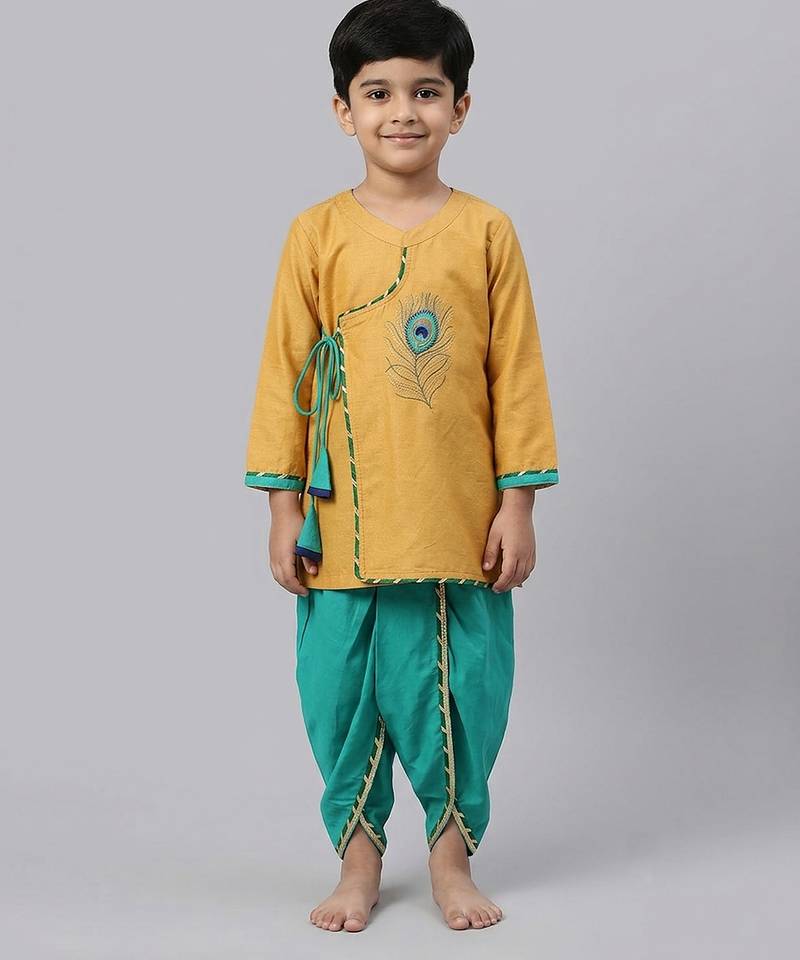 Beige green embroidered cotton silk angrakha set