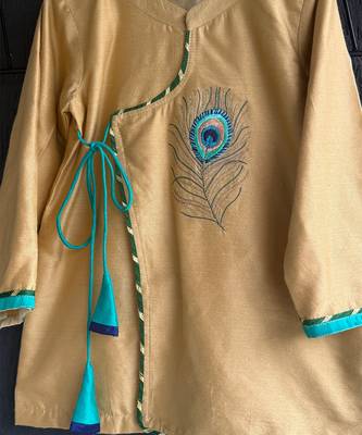 Beige green embroidered cotton silk angrakha set 2