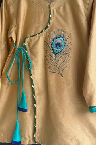 Beige green embroidered cotton silk angrakha set