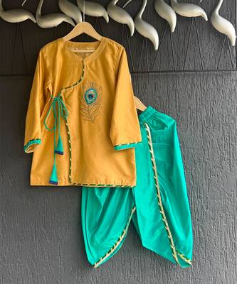 Beige green embroidered cotton silk angrakha set 3