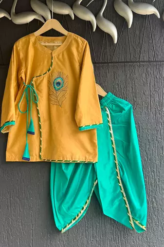 Beige green embroidered cotton silk angrakha set