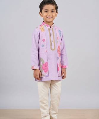 Lilac floral printed cotton silk kurta set 1