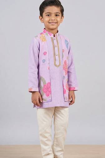 Lilac floral printed cotton silk kurta set