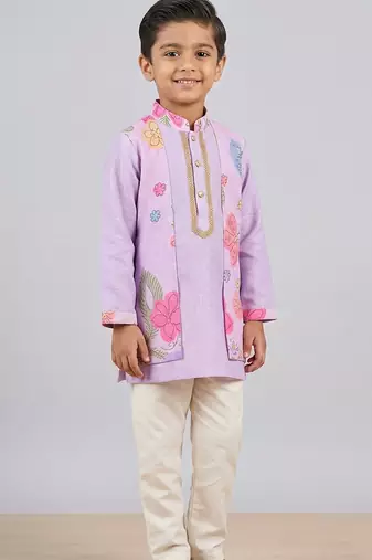 Lilac floral printed cotton silk kurta set
