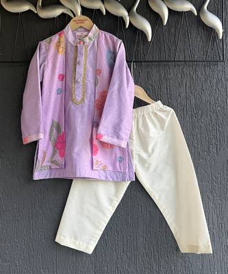 Lilac floral printed cotton silk kurta set 2