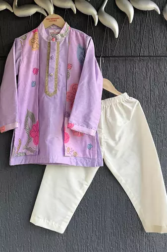 Lilac floral printed cotton silk kurta set