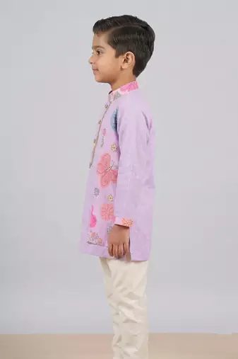 Lilac floral printed cotton silk kurta set