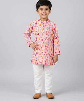 Pink floral printed cotton silk kurta set 1