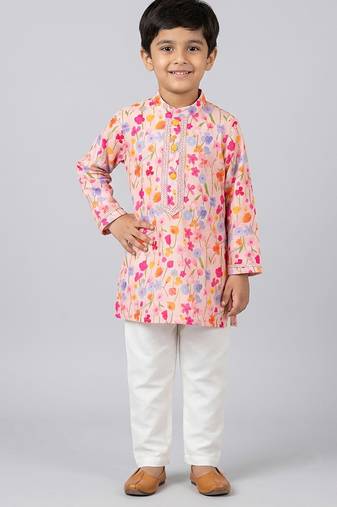 Pink floral printed cotton silk kurta set