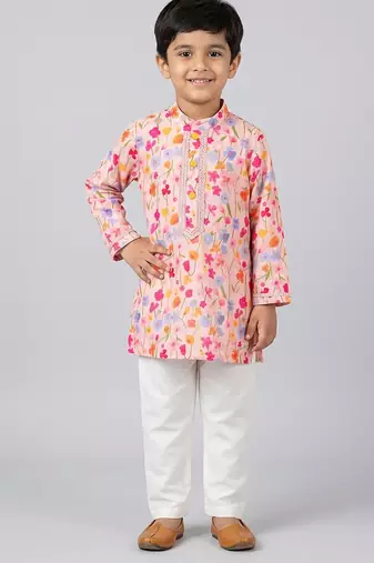Pink floral printed cotton silk kurta set