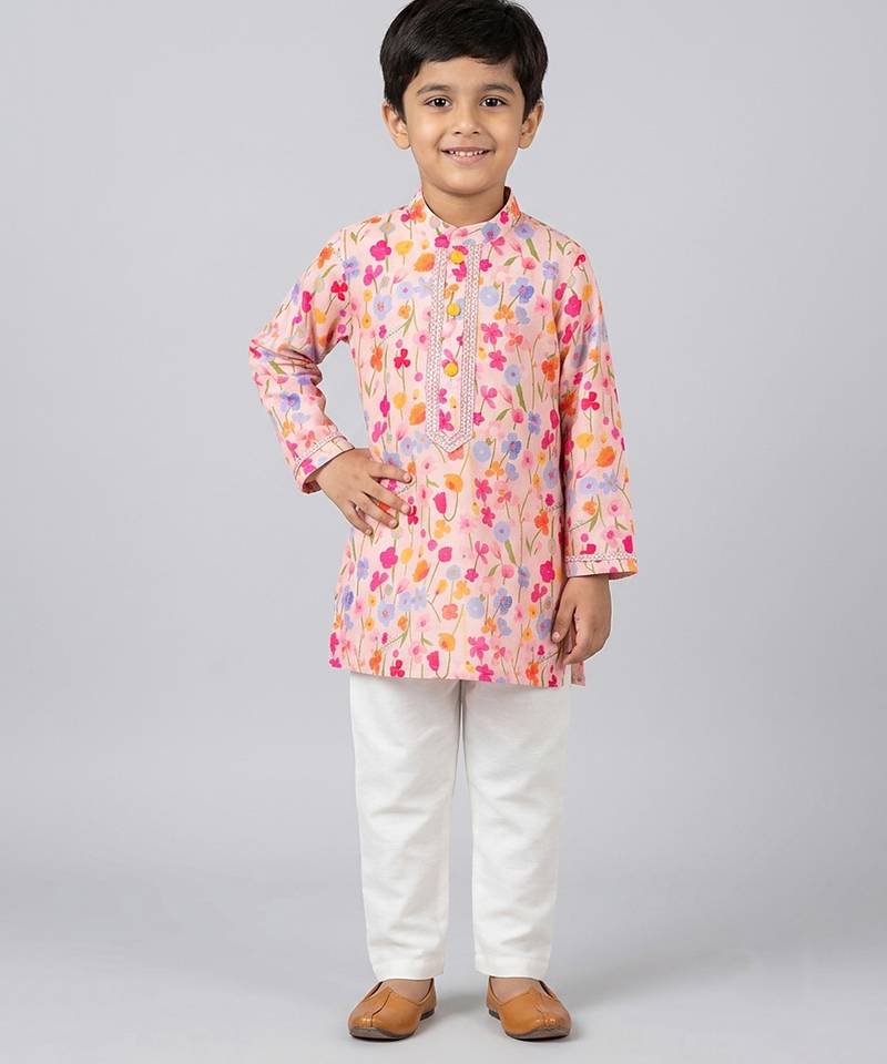 Pink floral printed cotton silk kurta set