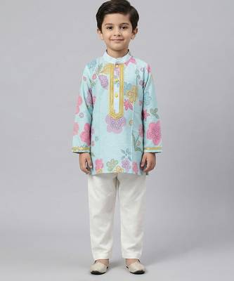 Blue floral printed cotton silk kurta set 1